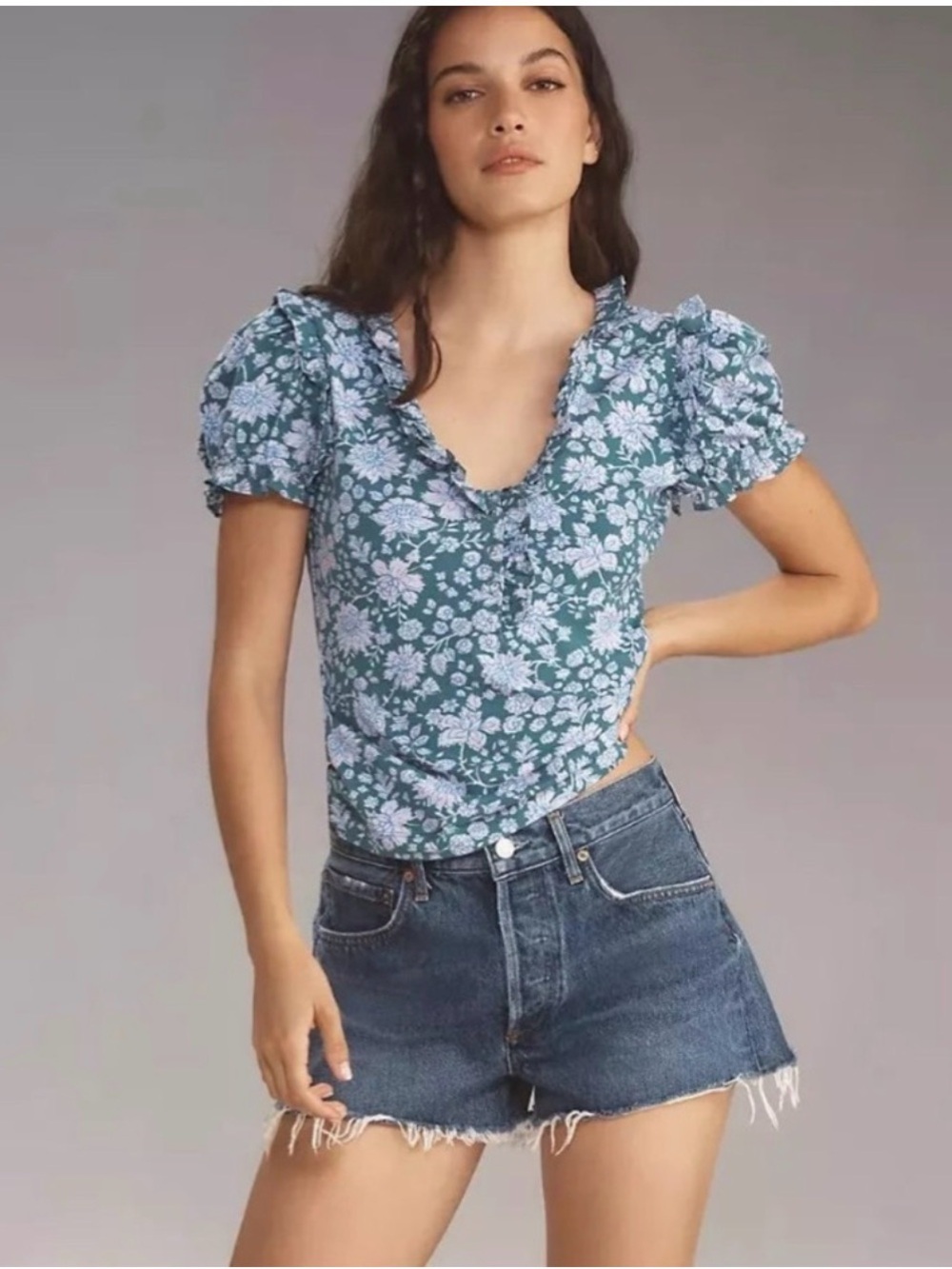 Maeve Anthropologie Puff-Sleeve Ruffle Henley FloralTee Blouse Top